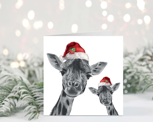 Giraffe and Baby Festive Red Hat Christmas Card