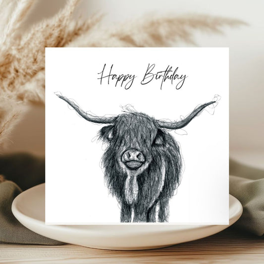 Highland Cow Birthday Card – Hand-Drawn Illustration