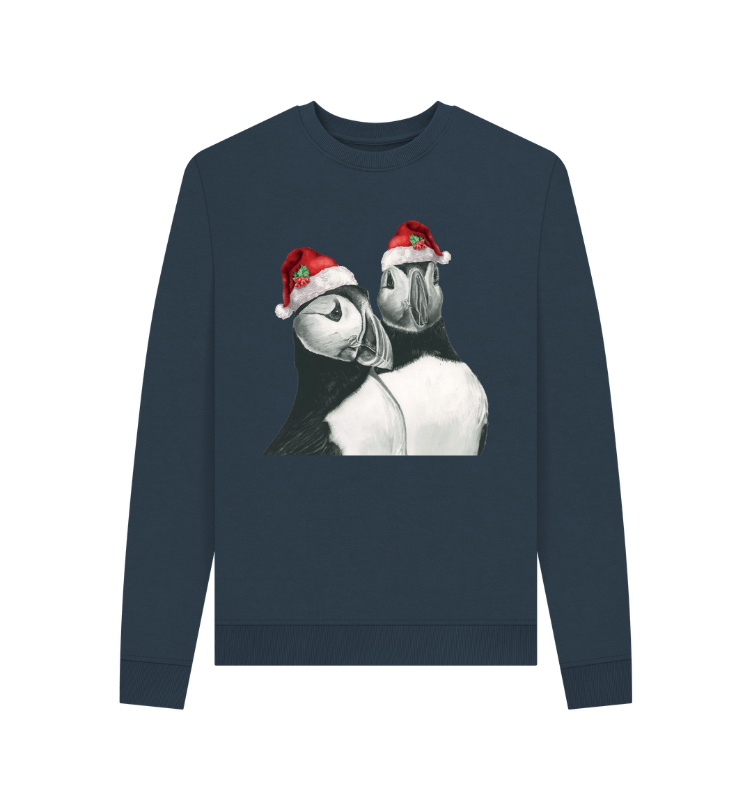 Navy Blue Women's Crew Neck Festive Puffin Sweater Certified Organic Cotton