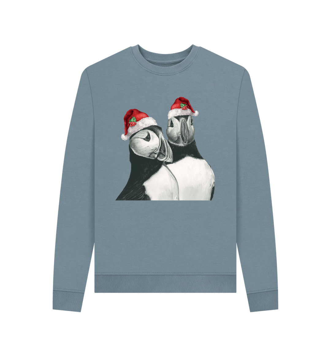 Stone Blue Women's Crew Neck Festive Puffin Sweater Certified Organic Cotton