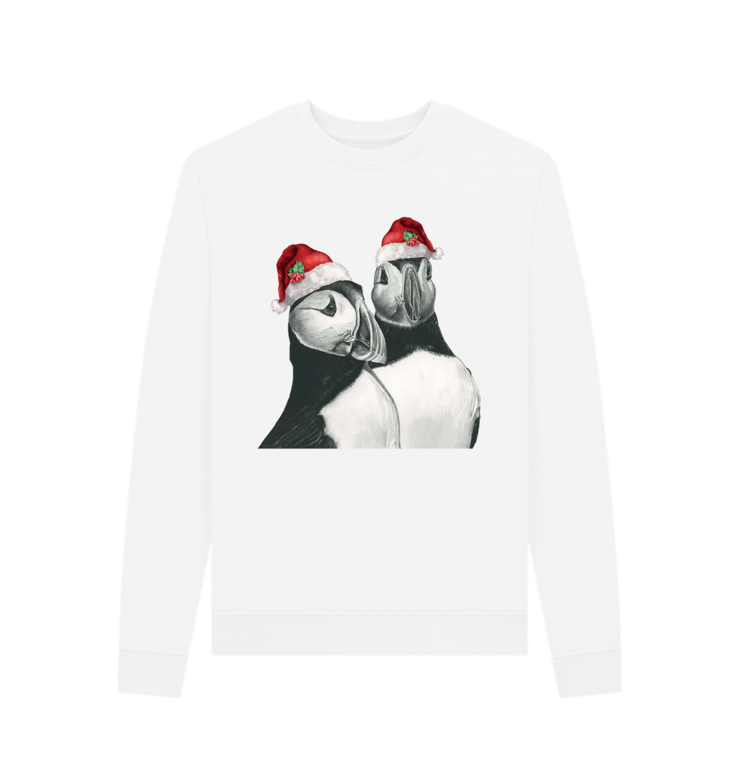 White Women's Crew Neck Festive Puffin Sweater Certified Organic Cotton