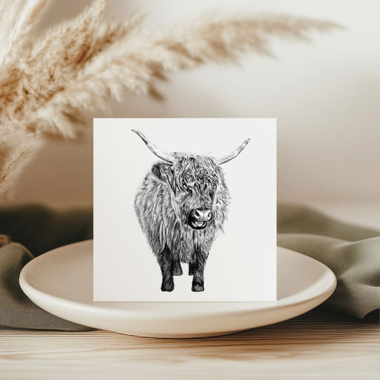 Baby Highland Cow Hand-Drawn Greeting Card – Adorable Countryside Animal Art