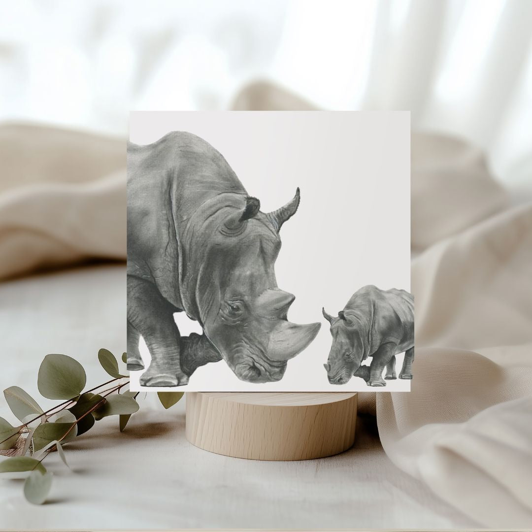 Situla and Baby Rhino Hand-Drawn Greeting Card – A Heartwarming Wildlife Illustration