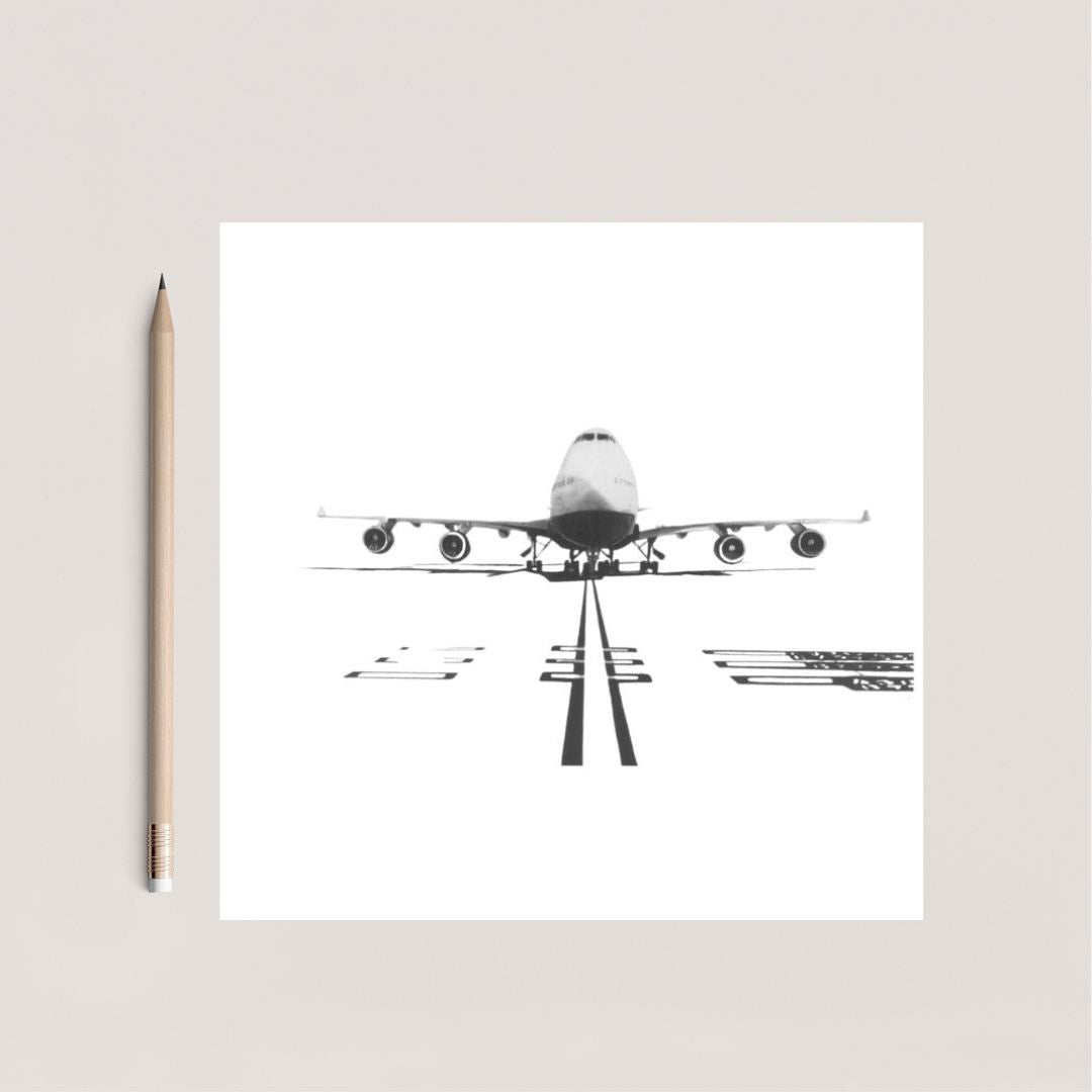 A hand-drawn 737 aircraft greeting card, featuring intricate details of the iconic plane, displayed with a pencil ready to write. The card’s design highlights the beauty of aviation, making it an ideal choice for aviation lovers or celebrating aviation-related events. Printed on high-quality cardstock with a blank interior for your personal message.