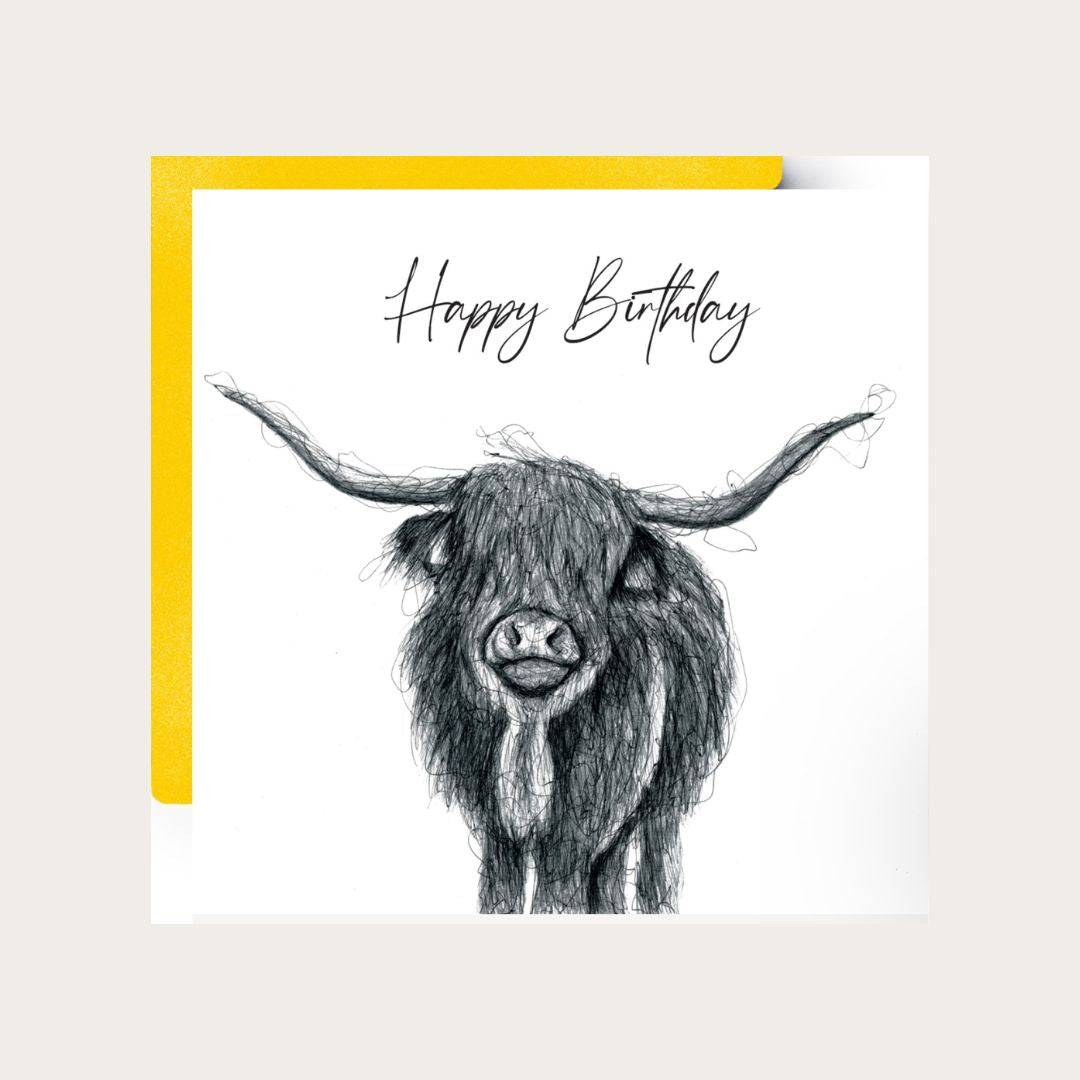 Highland Cow Birthday Card – Hand-Drawn Illustration