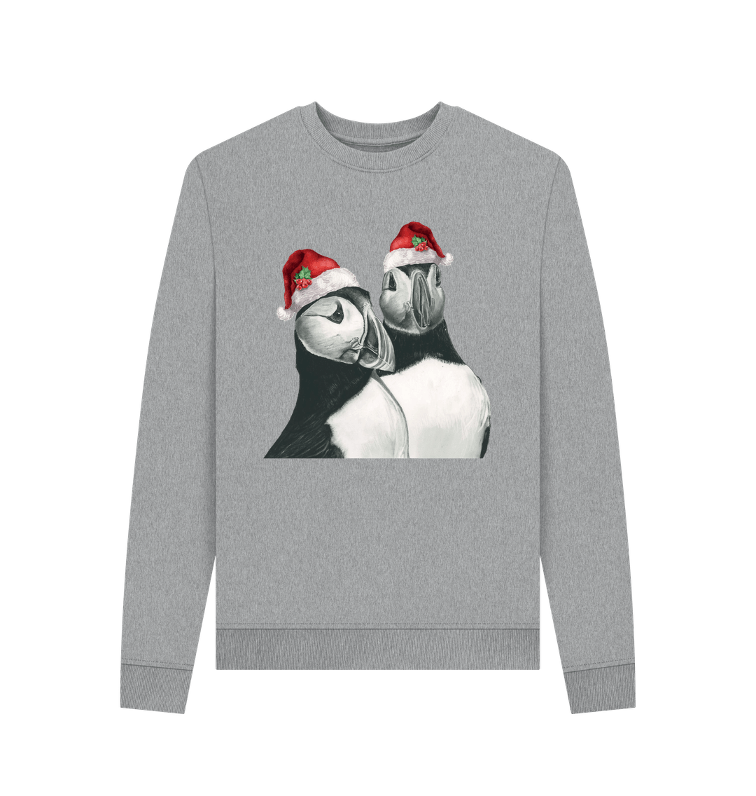 Light Heather Women's Crew Neck Festive Puffin Sweater Certified Organic Cotton