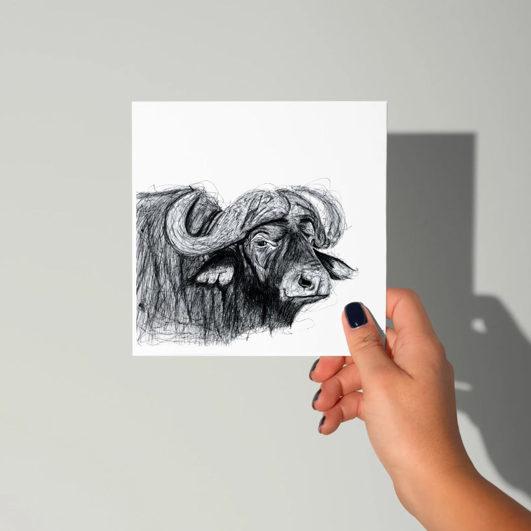 A Hand Drawn Buffalo Greeting Card From Libra Fine Arts, perfect for a greeting card for those who loves going on safari. 