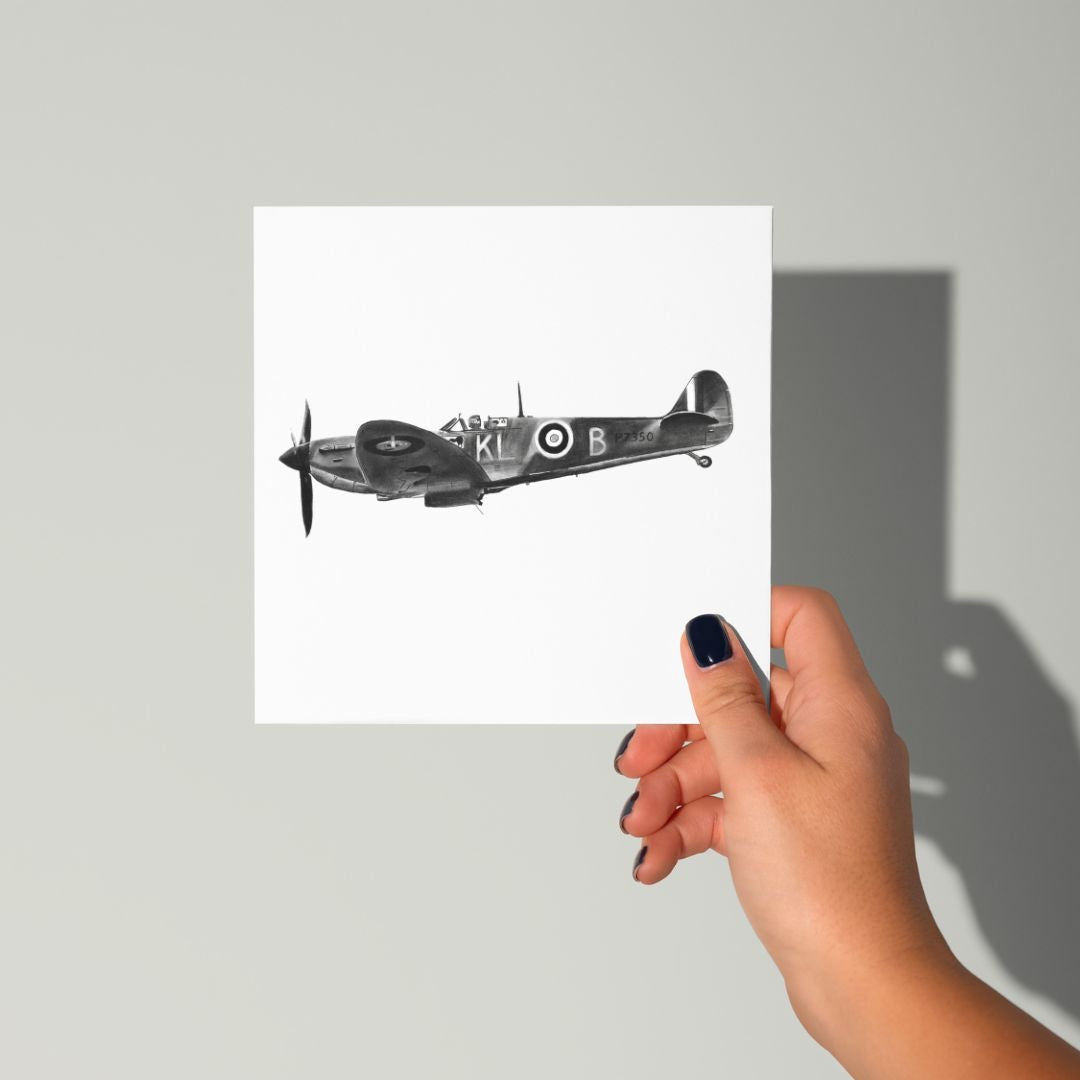 A Hand Drawn Flying Spitfire Greeting Card From Libra Fine Arts. Hand-drawn Spitfire greeting card featuring a detailed illustration of the iconic aircraft, blank inside for your own message."






