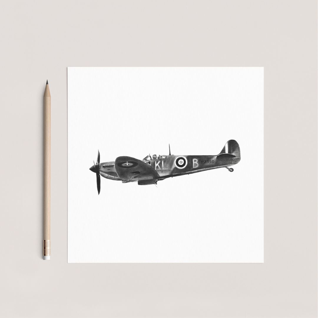 A Hand Drawn Flying Spitfire Greeting Card From Libra Fine Arts. Hand-drawn Spitfire greeting card featuring a detailed illustration of the iconic aircraft, blank inside for your own message."






