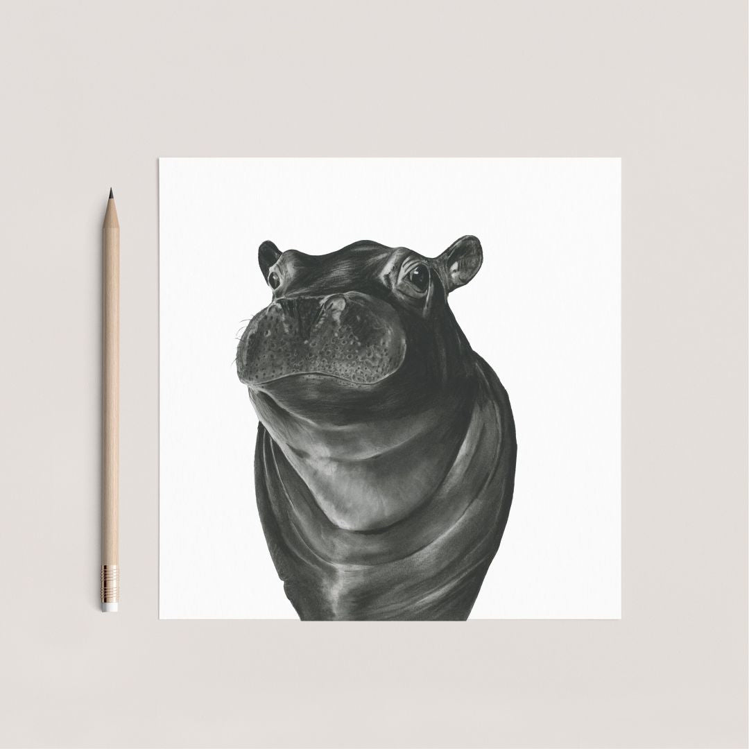 A Hand Drawn  Hippo Greeting Card from Libra Fine Arts. Hand-drawn hippo greeting card featuring a playful illustration, perfect as a birthday card or general message for safari lovers