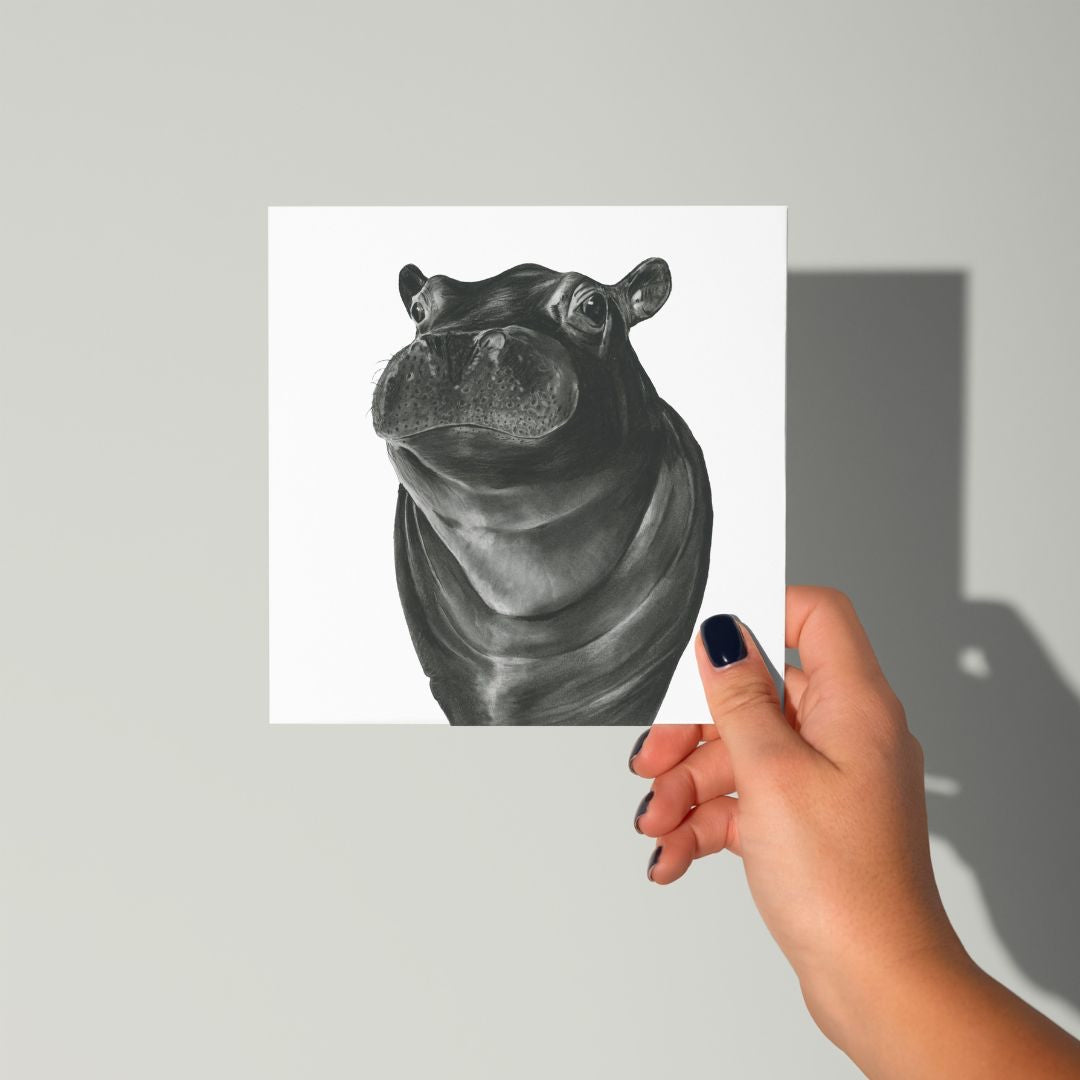 A Hand Drawn  Hippo Greeting Card from Libra fine Arts. Hand-drawn hippo greeting card featuring a playful illustration, perfect as a birthday card or general message for safari lovers