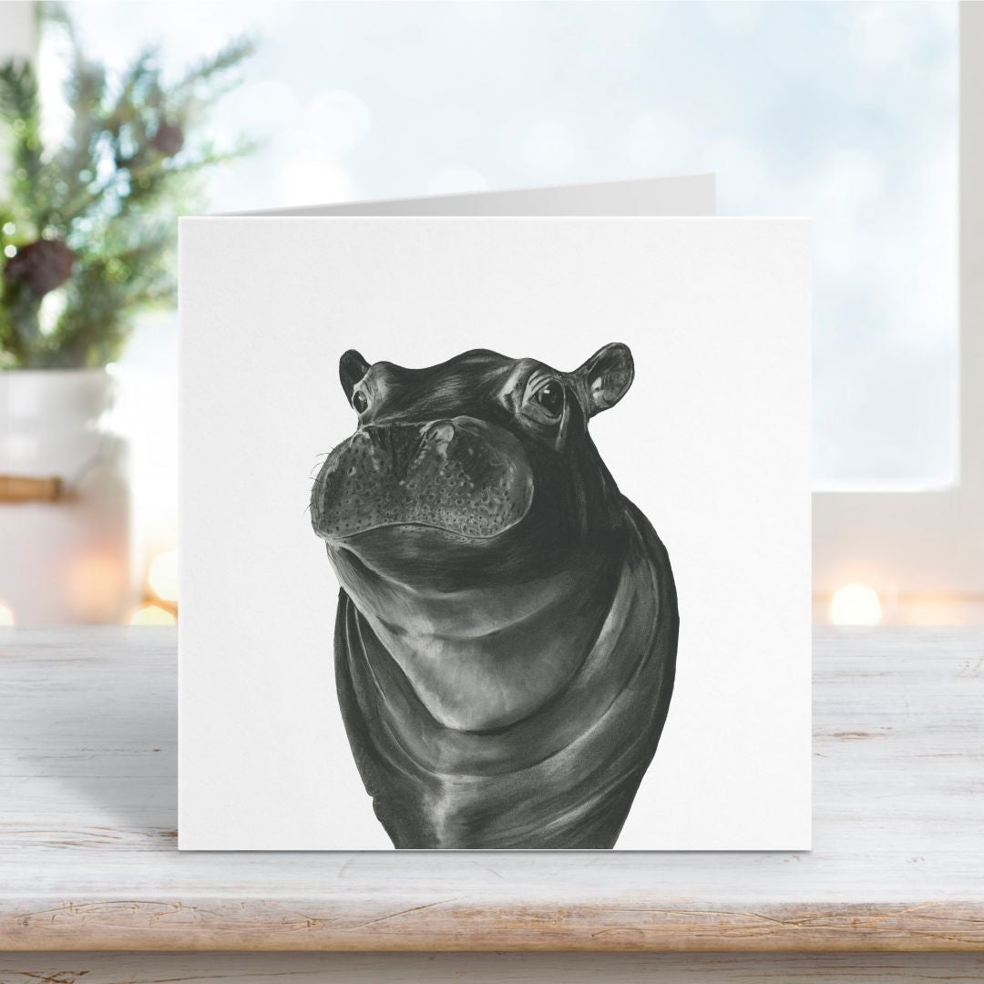 Carina the Hippo Greeting Card. Hand-drawn hippo greeting card featuring a playful illustration, perfect as a birthday card or general message for safari lovers