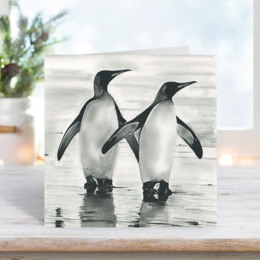 A hand drawn Penguin  Card from Libra Fine Arts. Hand-drawn penguins card featuring a charming HAND DRAWN illustration, perfect for an anniversary card, birthday card, or wedding card