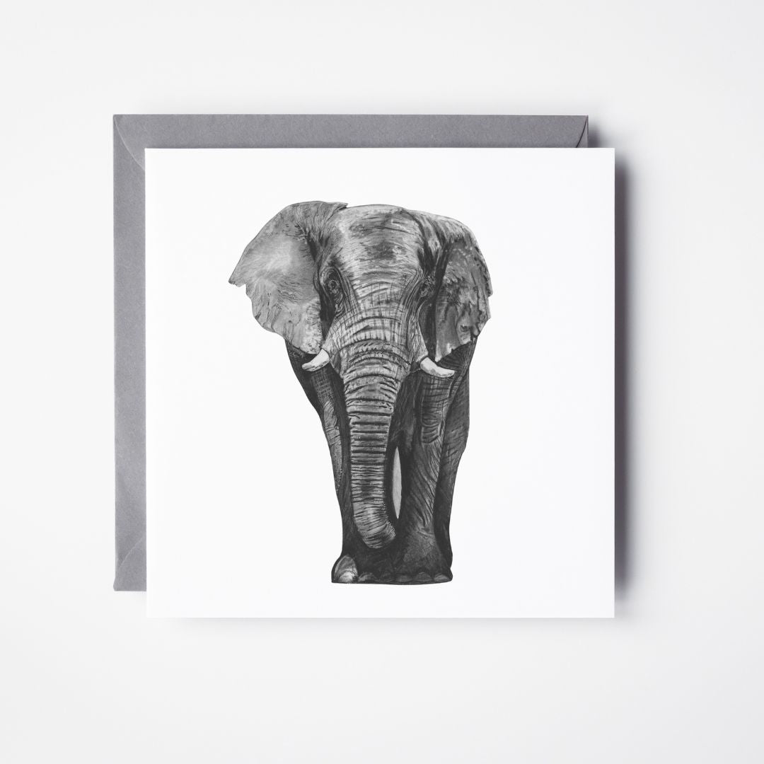 A hand-drawn Atik the Elephant wildlife greeting card, laid flat beside a grey envelope. Perfect for elephant lovers, wildlife enthusiasts, and art admirers. Printed on Libra Fine Arts FSC-certified cardstock, offering a premium, eco-conscious feel. Blank inside, ready for a heartfelt message.