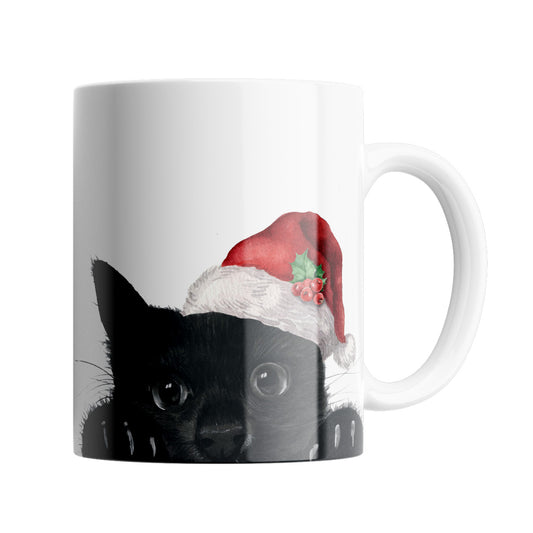 Black Cat  11 oz Ceramic Mug From Libra Fine Arts. A hand drawn shark with red santa hat, perfect stocking filler or secret santa gift or present. A great christmas present for cat lovers . 