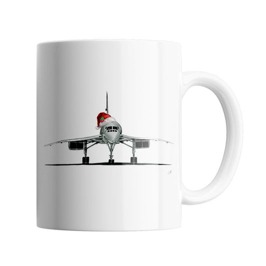 Concorde Plane 11 oz Ceramic Mug From Libra Fine Arts. A fun Christmas mug featuring. a hand drawn meerkat with red santa hat, perfect stocking filler or secret santa gift or present. A great christmas present for concorde lovers and planespotters 