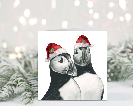 Gemini the Puffins Festive Red Hat Christmas Card