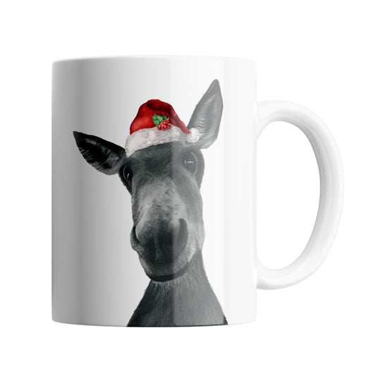 Donkey 11 oz Ceramic Mug From Libra Fine Arts.  A fun Christmas mug featuring. a hand drawn donkey with red santa hat, perfect stocking filler or secret santa gift or present. A great christmas present for donkey lovers and countryside fans