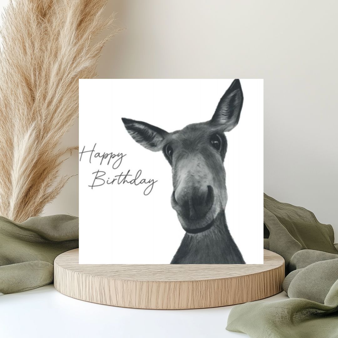 Donkey Birthday Card Hand-Drawn by Lobra Fine Arts – A delightful, hand-drawn design featuring a cute donkey, perfect for sending warm and cheerful birthday wishes to someone special