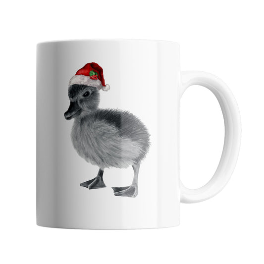 Duckling 11 oz Ceramic Mug From Libra Fine Arts.A hand drawn cute duckling with red santa hat, perfect stocking filler or secret santa gift or present. A great christmas present for animal lovers and countryside  fans