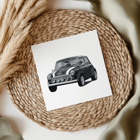 Mini Car Hand Drawn Greeting Card – Classic Iconic Car Illustration