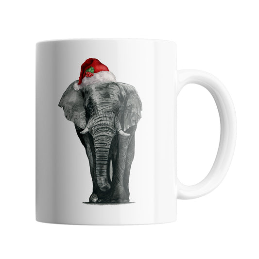 A fun Christmas mug featuring. a hand drawn elephant with red santa hat, perfect stocking filler or secret santa gift or present. A great christmas opesent for animal lovers and safari fans