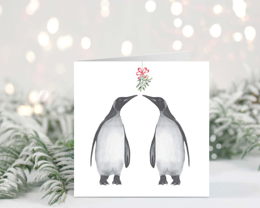 Penguin Mistletoe Kisses Festive Christmas Card