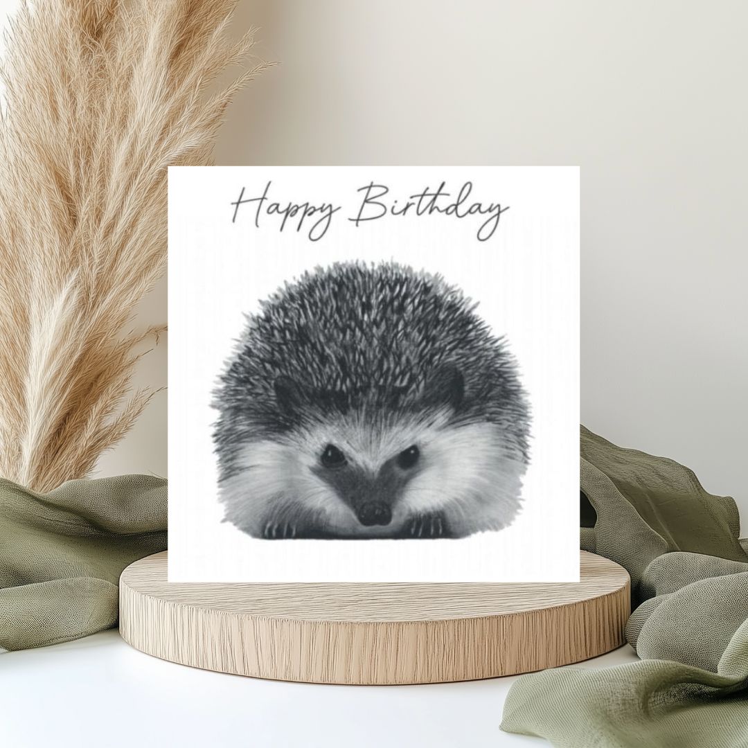 Hedgehog Birthday Card by Lobra Fine Arts – A cute, hand-drawn design featuring an adorable hedgehog, perfect for sending warm birthday wishes to someone special