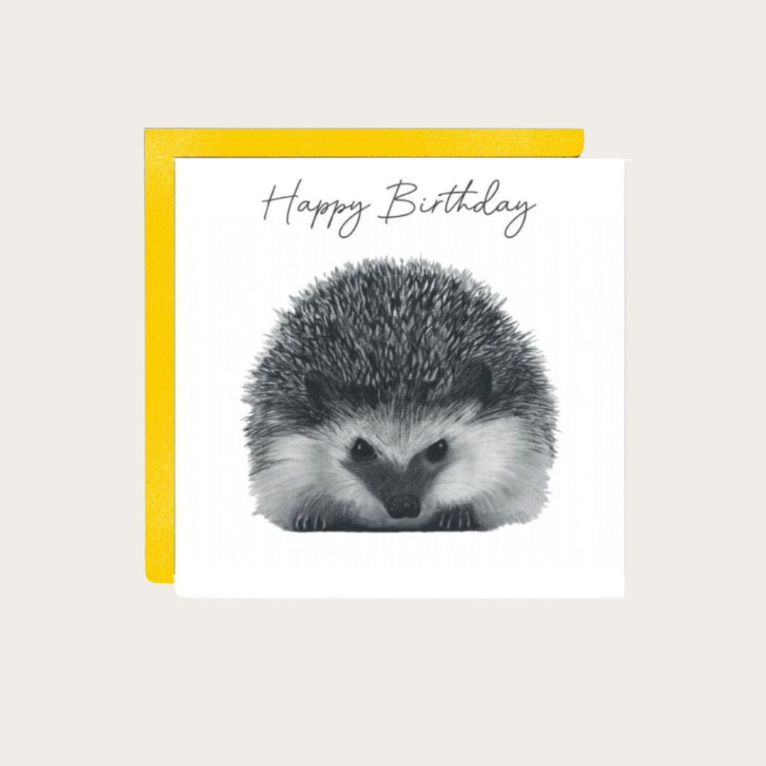 A Happy Birthday Hedgehog Card featuring a cute hand-drawn illustration of a hedgehog, perfect for sending joyful birthday wishes with a charming and playful design.