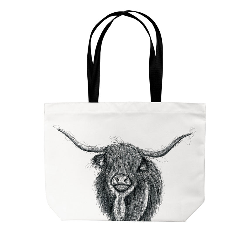 Highland Cow Tote Bag: A stylish tote bag featuring a hand-drawn design of a charming Highland cow. Made from high-quality materials, this bag is both practical and eye-catching, perfect for everyday use or as a unique gift for animal lovers and fans of Scottish charm.