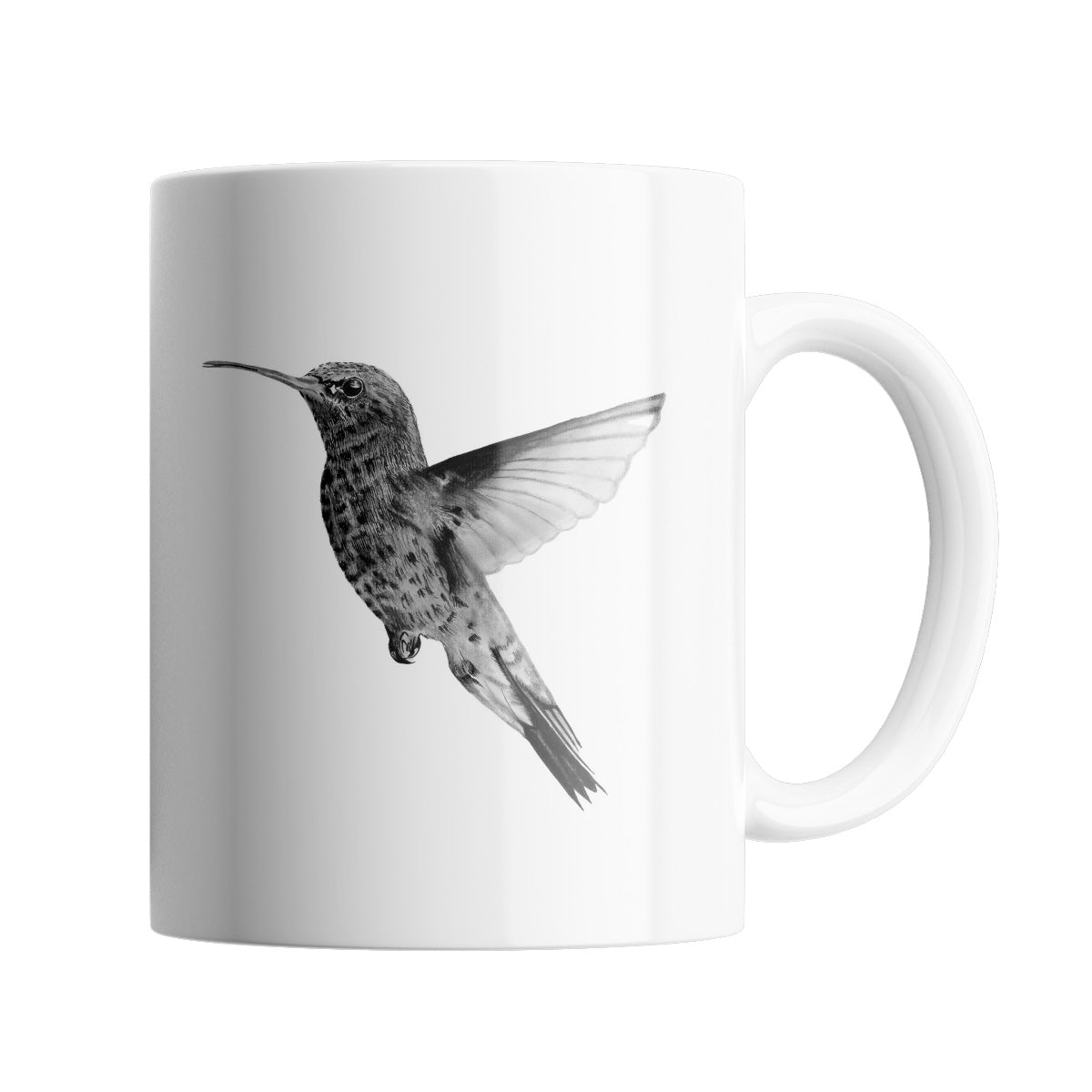 Hummingbird 11 oz Ceramic Mug From Libra Fine Arts. Hand-drawn hummingbird design ceramic mug, the perfect gift for family members, featuring intricate artwork and a personal touch.