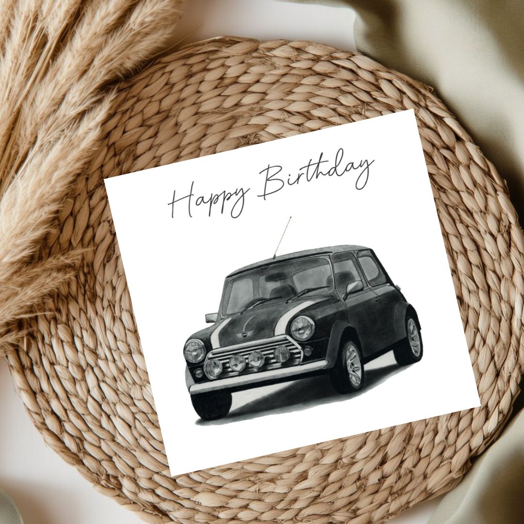 Mini Car Birthday Card – Classic Iconic Car Illustration