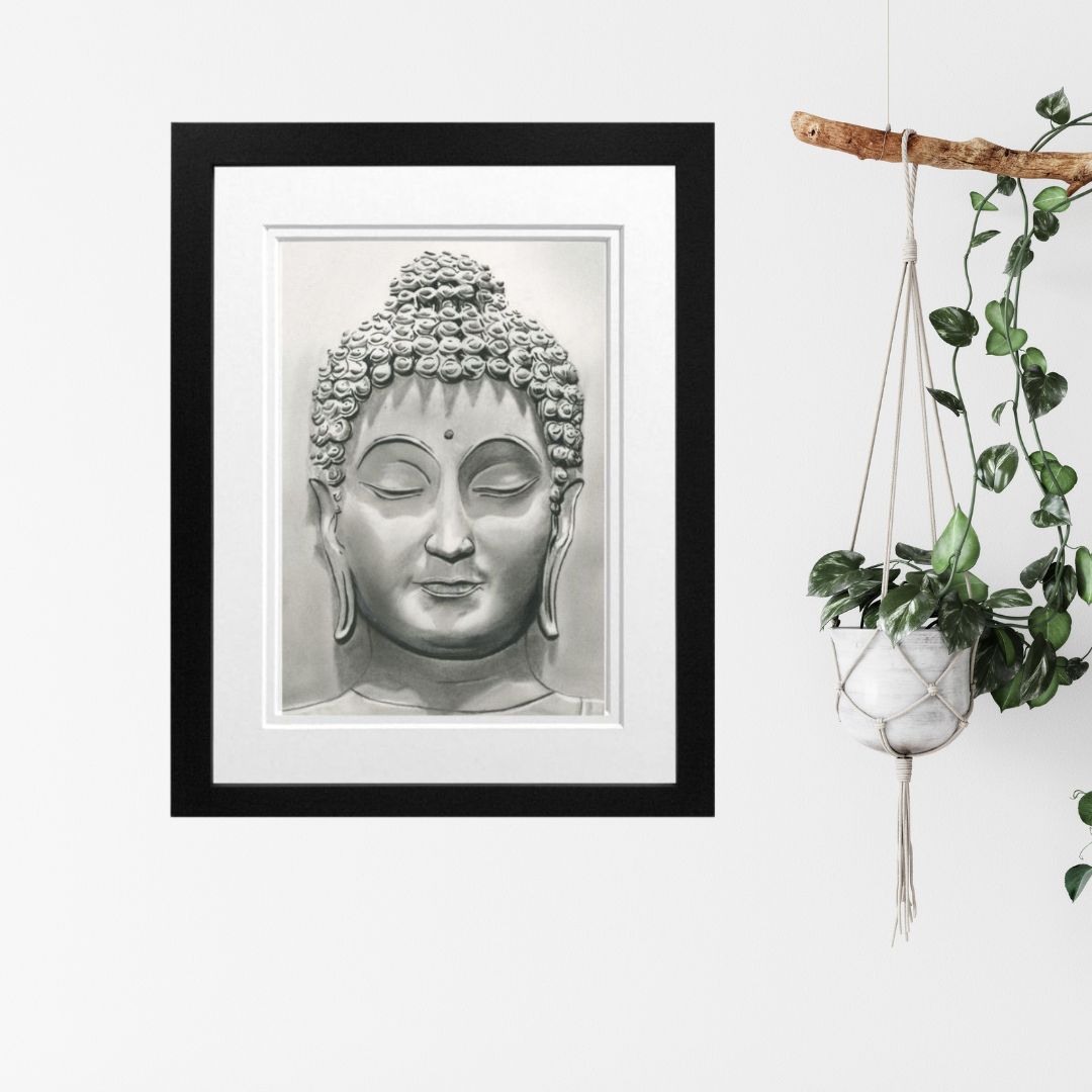 Libra_Fine_Arts_Hand_Drawn_Buddha Drawing_in black Frame hangong next to a hangong plant, . _._A_beautiful_gift_for_those seeking spirituality for birthday presents or christmas gifts.