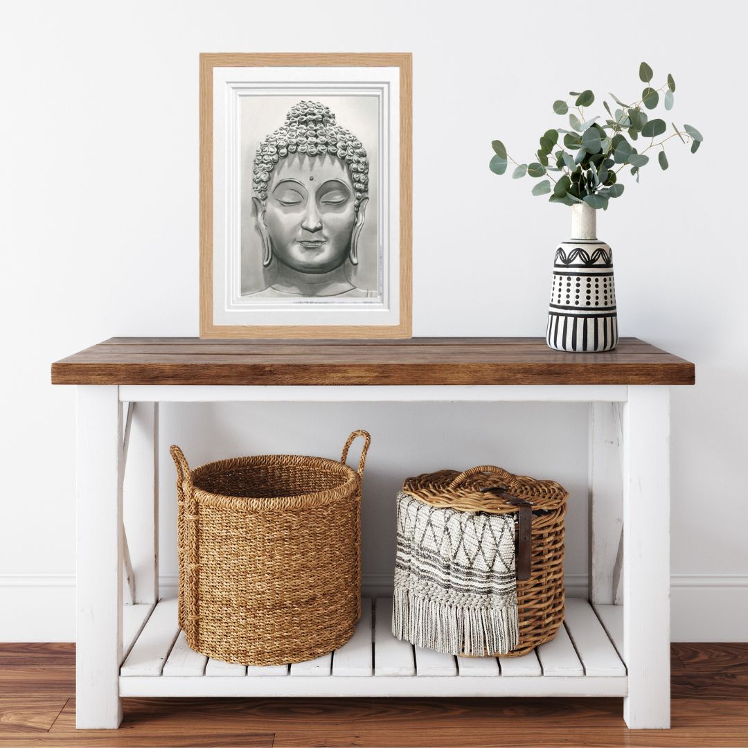 Libra_Fine_Arts_Hand_Drawn_Buddha Drawing_in oak Frame. on side table.  _._A_beautiful_gift_for_those seeking spirituality for birthday presents or christmas gifts.