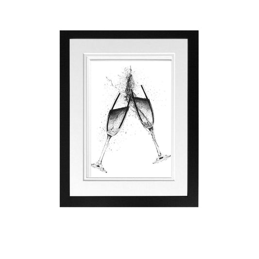 Libra_Fine_Arts_Hand_Drawn_Cheers_Champagne_Glasses_Drawing_in_Black_Frame. The perfect wedding or anniversary present of birthday gift. 