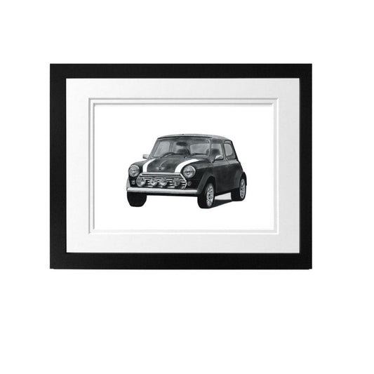 Libra_Fine_Arts_Hand_Drawn_Classic_Mini_Car_Drawing_in_Black_Frame.  Perfect gifts for classic mini car enthusiasts and mini car collectors