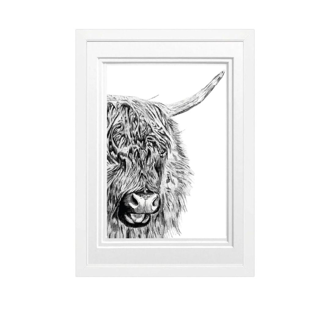 Libra_Fine_Arts_Hand_Drawn_Highland_Cow_Drawing_in_white_Frame_perfect_gift_for_countryside_and_highland_cow_lovers.