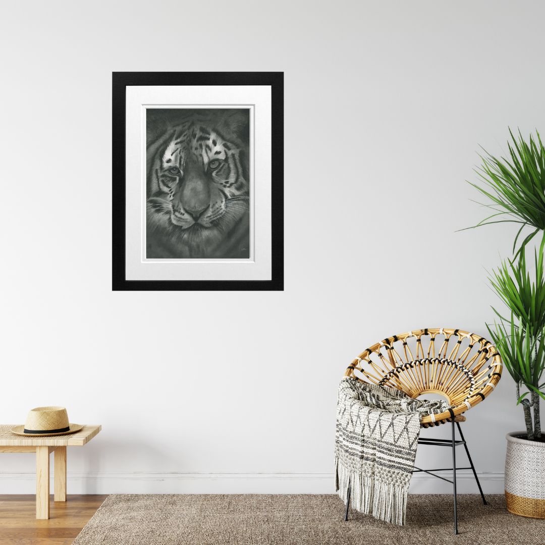 Libra_Fine_Arts_Hand_Drawn_Tiger_Drawing_in_black_Frame_hanging_on_wall_next_to_chair and plant. ._Perfect_for_animal_and_safari_lovers