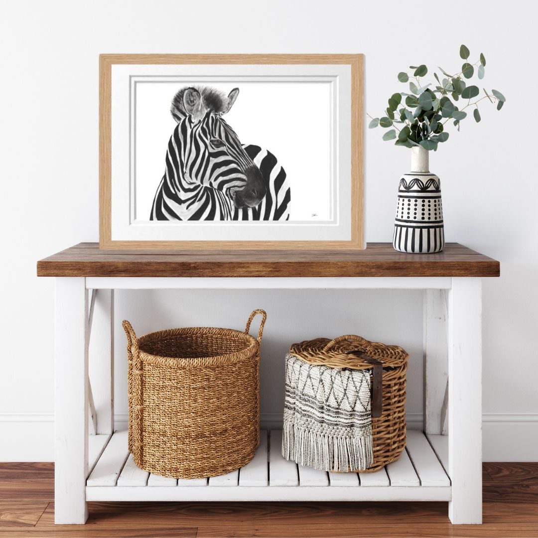 Libra_Fine_Arts_Hand_Drawn_Zebra_Drawing_in_oak_Frame. The perfect gift for christmas, birthday present or anniversary present for zebra, wildlife and safari lovers