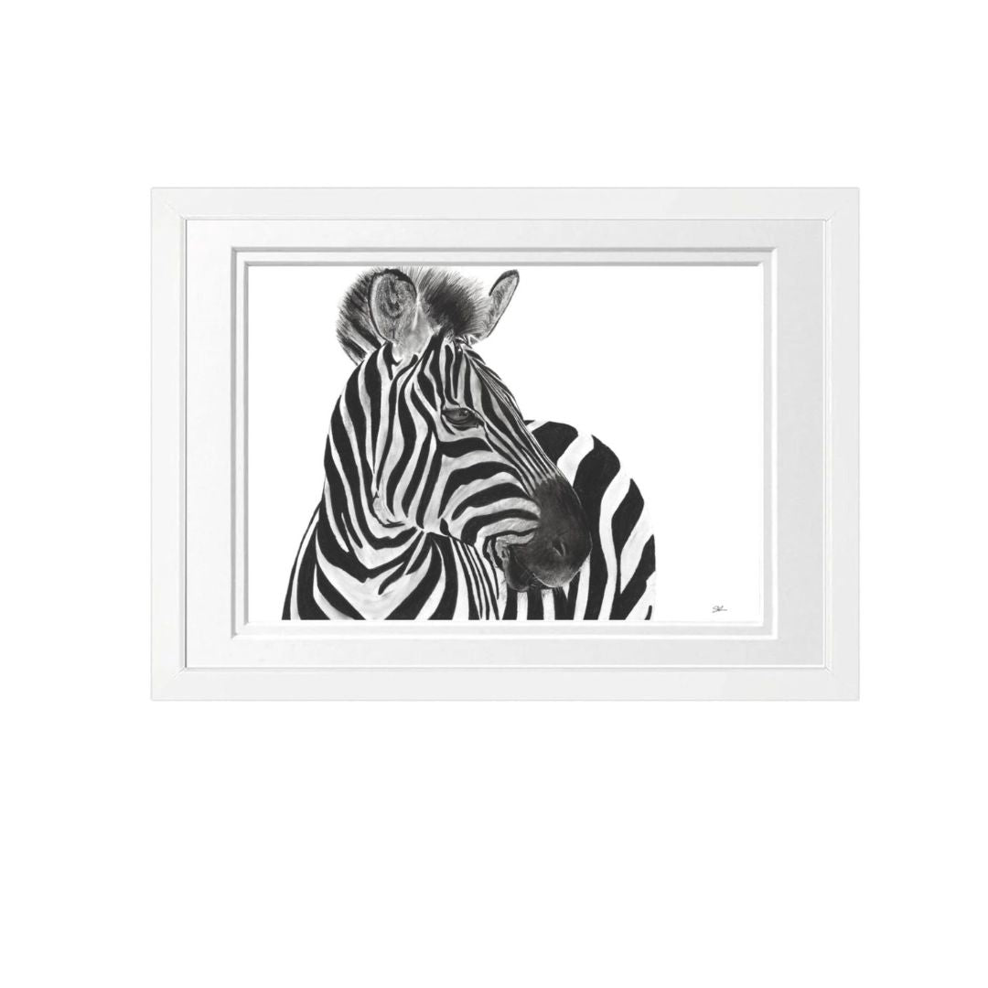 Libra_Fine_Arts_Hand_Drawn_Zebra_Drawing_in_white_Frame. The perfect gift for christmas, birthday present or anniversary present for zebra, wildlife and safari lovers