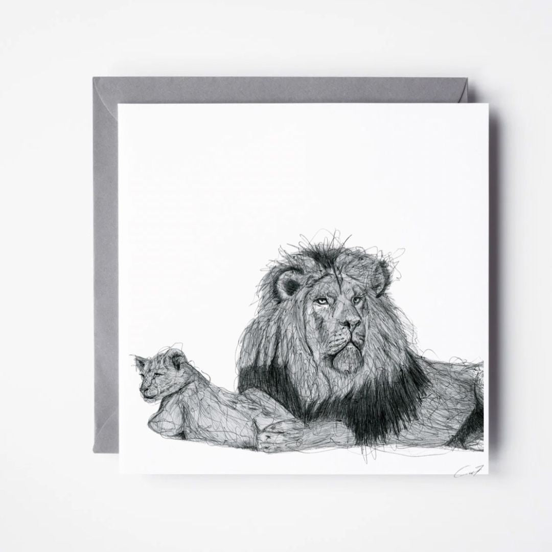 Libra Fine Arts hand-drawn lion and cub in biro, perfect as a birthday card for safari and animal lovers.