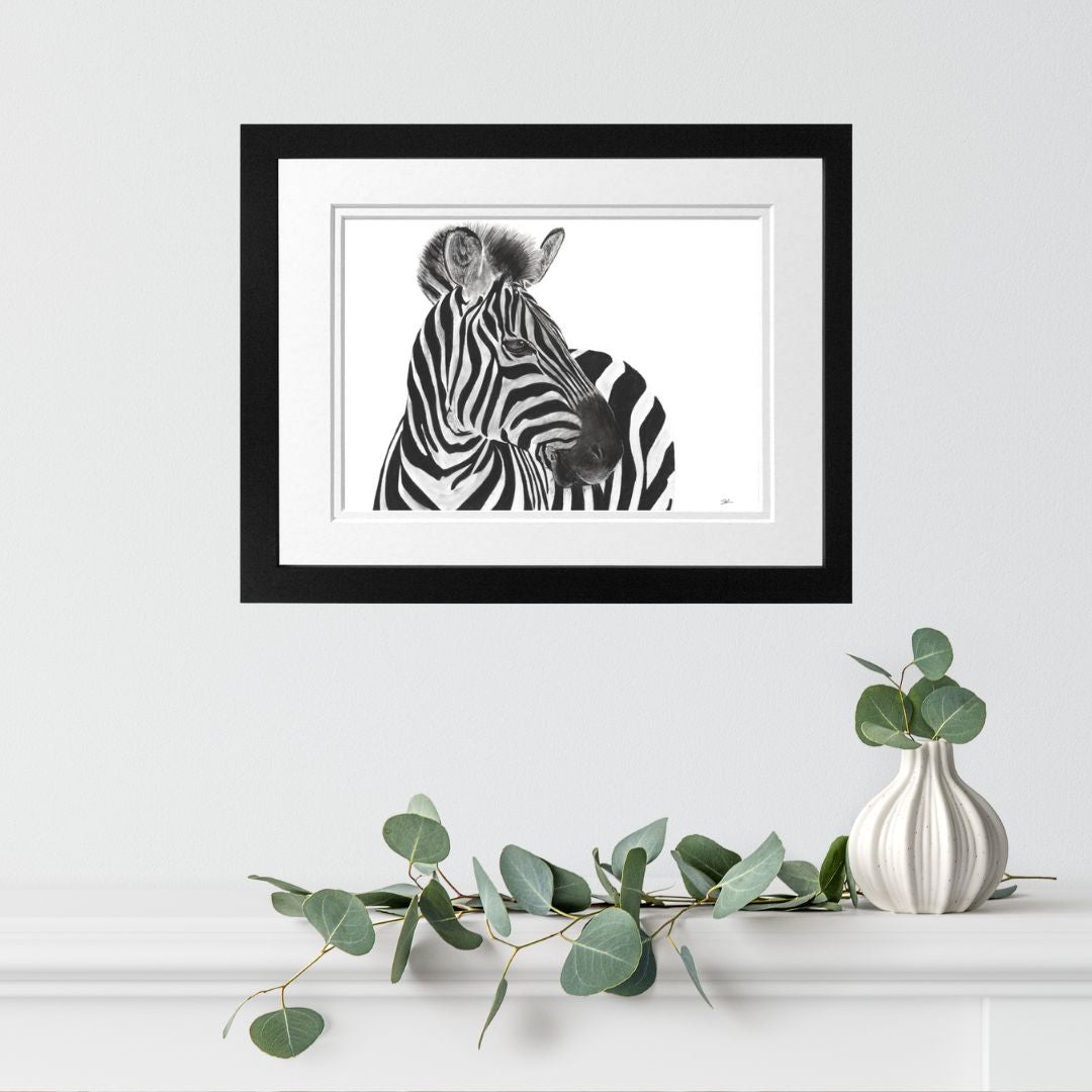 Libra_Fine_Arts_Hand_Drawn_Zebra_Drawing_in black_Frame. The perfect gift for christmas, birthday present or anniversary present for zebra, wildlife and safari lovers