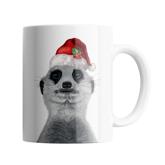 A fun Christmas mug featuring. a hand drawn meerkat with red santa hat, perfect stocking filler or secret santa gift or present. A great christmas opesent for animal lovers and safari fans