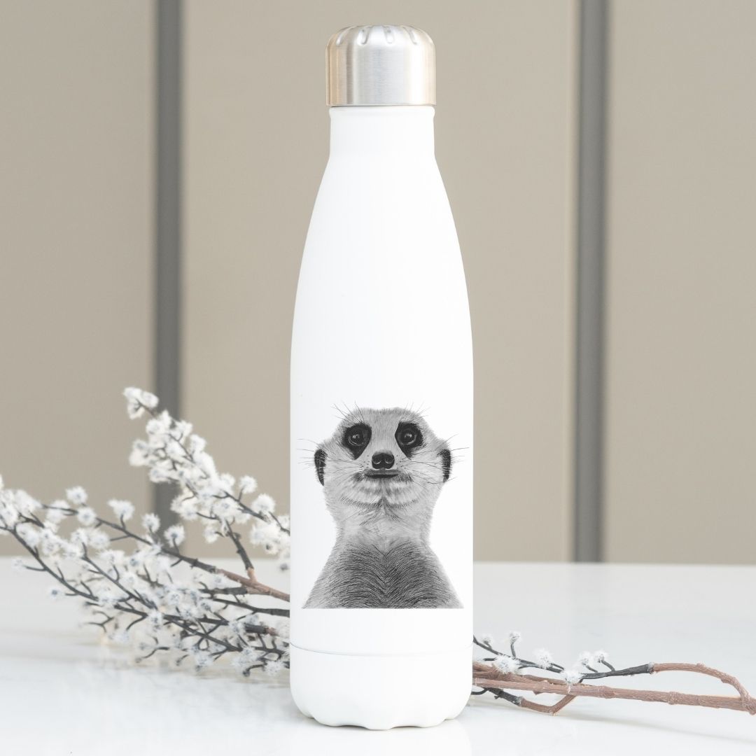 Meerkat Stainless Steel Flask From Libra Fine Arts.    A sleek stainless steel detailed meerkat design perfect for animal lovers, safari fans and meerkat fans. This whimsical flask is a perfect gift for meerkat lovers and anaimal fans , making it an ideal choice for birthday presents or Christmas gifts. The detailed quirky and fun meerkat artwork adds a touch of personality to this practical and style