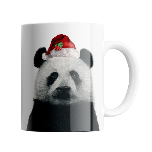 Panda 11 oz Christmas  Ceramic Mug From Libra Fine Arts. A hand drawn panda with red santa hat, perfect stocking filler or secret santa gift or present. A great christmas present for animal lovers and panda fans