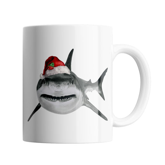 A hand drawn shark with red santa hat, perfect stocking filler or secret santa gift or present. A great christmas present for animal lovers and shark fans