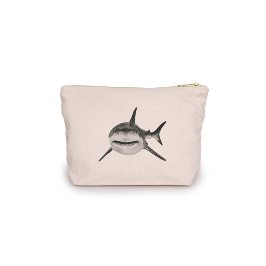 Shark Pouch Bag From Libra Fine Arts. Shark Pouch Bag: A fun and eye-catching pouch featuring a dynamic hand-drawn shark design. Perfect for keeping your essentials organized, this pouch makes a great gift for shark enthusiasts and ocean lovers. Ideal for birthdays, Christmas presents, or adding a touch of nautical flair to your daily routine."