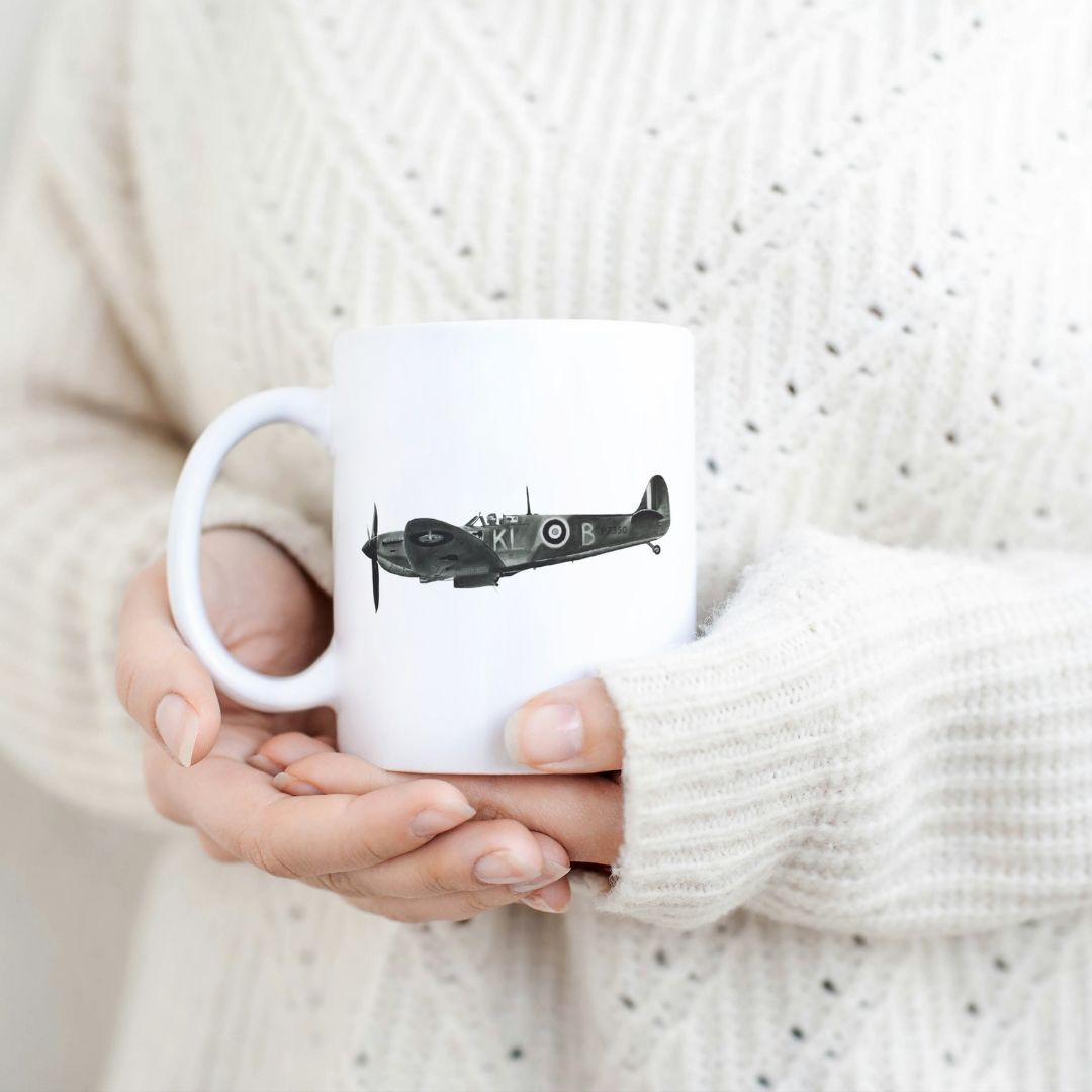 Spitfire Plane 11 oz Ceramic Mug From Libra Fine Arts. . Hand-drawn spitfire design ceramic mug, the perfect gift for family members, featuring intricate artwork and a personal touch. Great birthday present and christmas presents for those who love air craft and spitfires