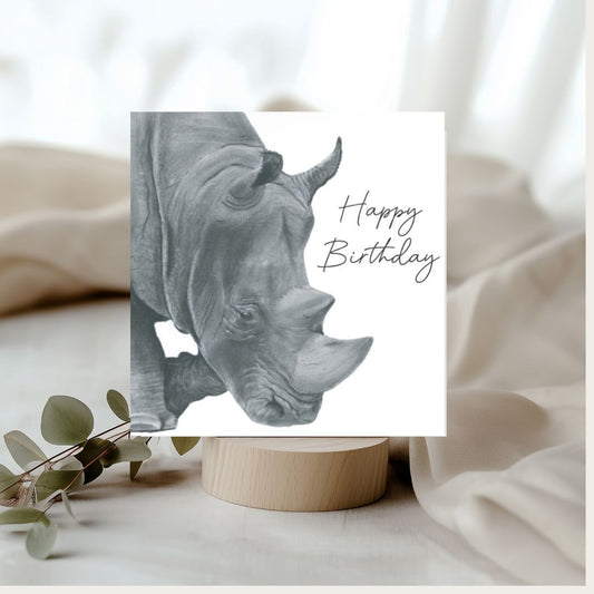 Happy Birthday Rhino Card – Hand-Drawn Illustration