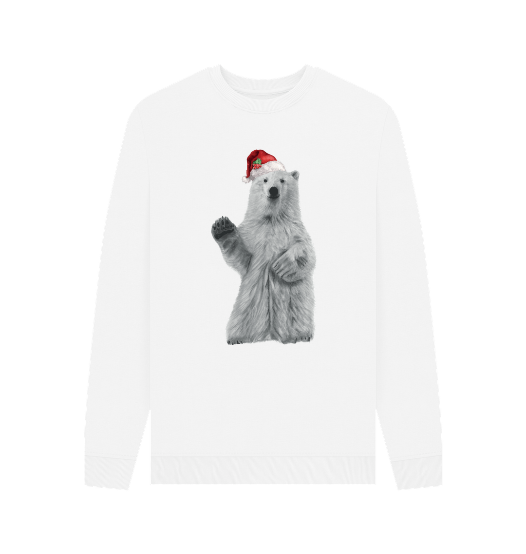 White Men's Crew Neck Festive Polar Bear Sweater Certified Organic Cotton